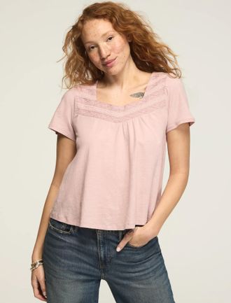 Lucky Brand Womens Embroidered Yoke Tee