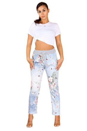 Generic Faozo Womens Italian Printed Turn Up Trouser - Ladies Floral Elasticated Waistband Causal Summer Drawstring Pant with Side Pockets Gym Running Workout