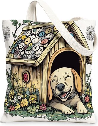 Generic Spring Labrador Retriever Dog Canvas Tote Bag for Shopping 13x15, Fun Flower Puppy Kennel Reusable Grocery Print Pattern Bag for Women, Cute Pet Beach
