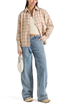 Mani&egrave;re De Voir Blake Unisex Whipstitch Check Shirt in Beige at Nordstrom, Size Xx-Small
