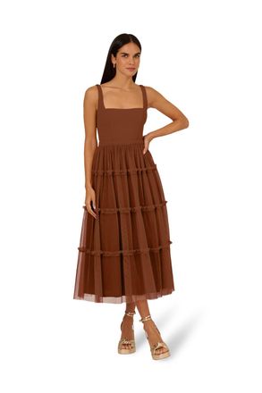 Adrianna Papell Womens Knit And Mesh Midi Dress - Brown - Size 16 UK