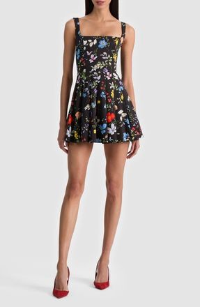 Alice & Olivia Veda Floral Pleated Stretch Cotton Minidress in Twisting Vines Black at Nordstrom, Size 10