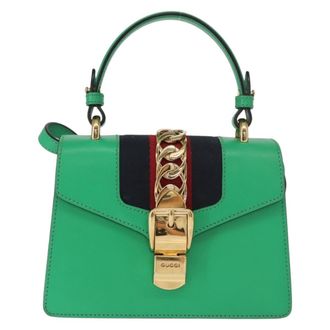 Gucci Sylvie Top Handle Bag Leather Green Leather Handbag (Pre-Owned)