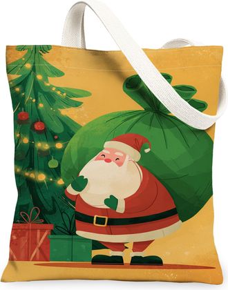 Generic Christmas Santa Canvas Tote Bags, Holiday Fun Design Reusable Grocery Bags, Vintage Lightweight Washable Shoulder Strap Can, Orange, 13x15 Inch