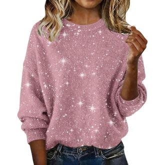 Generic JOASDAO Sequin Jumpers Women Ladies Sparkly Glitter Sweater Oversized Fit Spring Fashion Long Sleeve Warm Cozy Knitted Jumper Pullover Tops Festival H