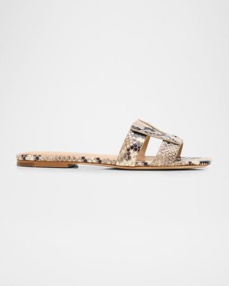 Veronica Beard Via Snake-Printed Leather Flat Slide Sandals