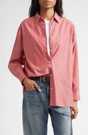 Nili Lotan Yorke Stripe High-Low Cotton Poplin Button-Up Shirt in Red And White Stripe at Nordstrom, Size X-Small