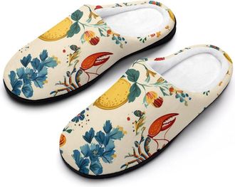 Generic Lobster Lemon Flower Slippers Men Winter Warm Cotton Anti-Slip Indoor Slip-Ons House Shoes