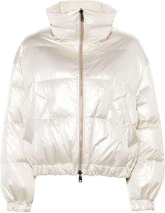 Brunello Cucinelli Womens Platinum High Collar Puffer Jacket, Size 46