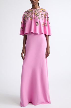 Oscar De La Renta Beaded Mixed Botanical Embroidered Stretch Silk Georgette Dress in Rosebud at Nordstrom, Size Medium