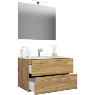 ebuy24 Ebuy24 - Vcm 3 Pcs Lavabo Lavabo Gabinete Inferior Ancho 60 Cm Juego De Muebles De Ba&ntilde;o Colgando Con Un Espejo Caj&oacute;n Badinos (roble Miel)