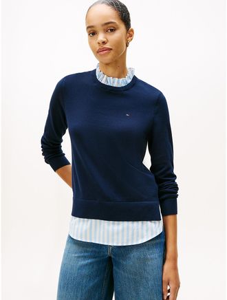 Tommy Hilfiger Womens Layered-Look Frill Collar Sweater - Navy - XS