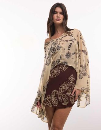 Asos vestito corto con scollo profondo e maniche a pipistrello con stampa foulard-Multicolore