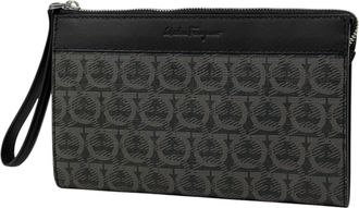 Ferragamo Gancini Gray Coated Canvas Leather Clutch Bag (Pre-Owned)