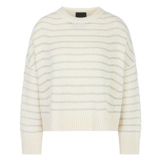 Marc Cain Gestreepte Oversized Gebreide Trui - Dames - Ronde hals truien - Wit - M - Katoen - Truien & Vesten