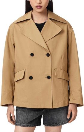 AllSaints Connie Back Ruffle Short Cotton Trench Coat in Pinto Brown at Nordstrom, Size X-Small