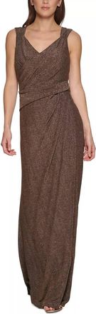 DKNY Womens V-Neck Metallic Ruched-Knit Sleeveless Gown In Brown