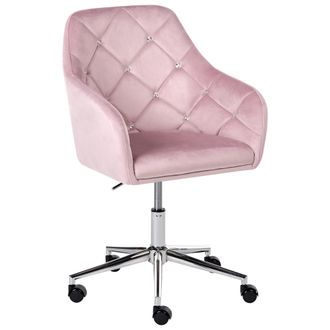 Beliani Silla De Oficina Tapizado De Terciopelo Giratoria Altura Regulable Respaldo Con Capiton&eacute; Con Cristales Rosa Pastel Veloria