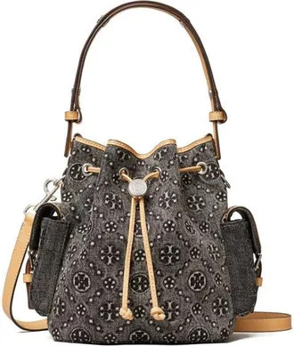 Tory Burch T Monogram Denim Bucket Bag in Black at Nordstrom