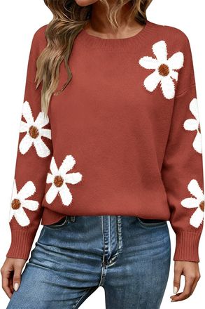 Generic Womens Jumpers Floral Print Crewneck Long Sleeve Knit Sweater Ladies Fashion Casual Knitwear(Brick Red, M)