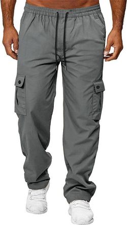 Generic Mens Casual Cargo Trousers Smart Trousers Multi-Pocket Drawstring Elastic Waist Loose Fit Outdoor Work Daily Lounge Pants Gray