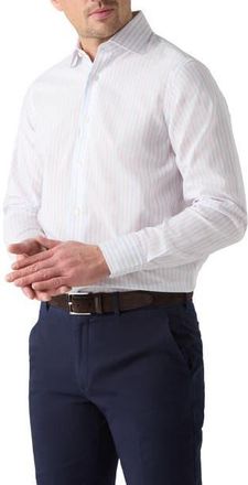 Robert Talbott Reynolds Blue Multi Thin Stripe Cotton Linen Blend Shirt in Contemporary fit in Raspberry at Nordstrom, Size 15.5 - 34