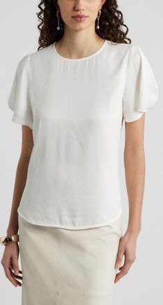 Nordstrom Flutter Sleeve Satin Top in Ivory Tofu at Nordstrom, Size Xx-Small
