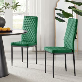 Furniturebox Set of 4 Milan High Back Soft Touch Diamond Pattern Velvet Dining Chairs With Black Powder Coated Metal Legs in Green