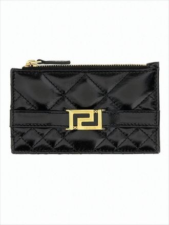 Versace Rectangular Quilted Lambskin Card Wallet With Gold-Tone Clasp