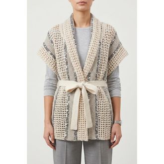 Brunello Cucinelli Womens Beige Openwork Belted Sweater, Size XL