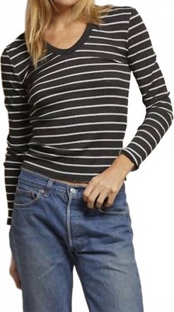perfectwhitetee Robyn Luxe Rib U Neck Long Sleeve Tee In Black/sugar Stripe