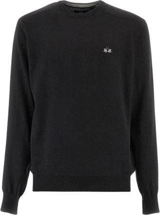 La Martina La Martina, Round-neck Knitwear, male, Black, Size: 2XL Embroidered logo crew neck sweater