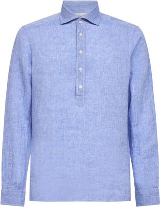 D4.0 Overhemd met halve knoopsluiting - Heren - Casual Overhemden - Blauw - M - Linnen - Overhemden
