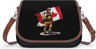 Generic Firefightman Canada Flag Womens Leather Crossbody Bags with Adjustable Strap Casual Printed Shoulder Handbag