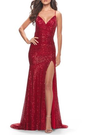 La Femme Long Sequin Gown with Dramatic Flare Skirt and Slit in Red at Nordstrom, Size 10