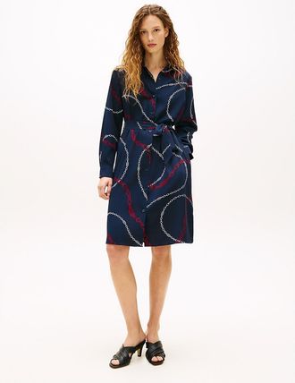 Tommy Hilfiger Womens Chain Print Crepe Belted Shirtdress - Navy - XXL
