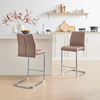 Furniturebox Lorenzo 2x Faux Leather & Silver Counter Stools in Beige