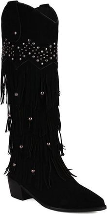 Generic Womens Winter Vintage Knee High Riding Boots with Fringe and Rivets Decor Wide Calf Pull On Casual Party Dress Shoes (Black,7.5)