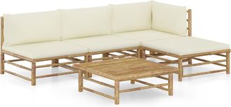 vidaXL Set De Muebles De Jard&iacute;n 5 Piezas Bamb&uacute; Y Cojines Blanco Crema Vidaxl