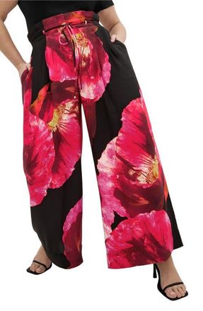City Chic Shania Paperbag Waist Wide Leg Pants in Magenta Floral at Nordstrom, Size Xxl