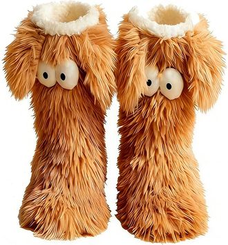 Generic Cozy Socks Fuzzy Warm Slipper Grips-with Cute Big Eyes, inter Home Socks Fluffy Winter Warm Thick Thermal Cozy (Coffee)