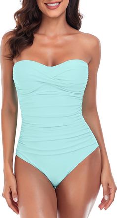 Relleciga Womens Strapless One Piece Swimsuit, Eggshell Blue, Large
