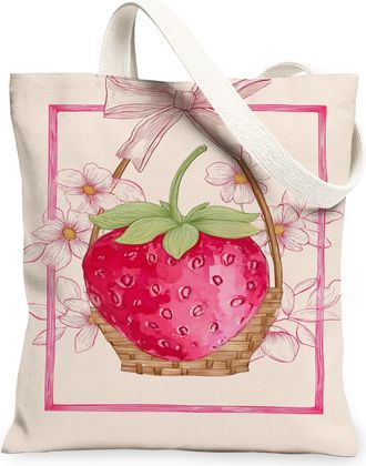 Generic Strawberry Floral Canvas Tote Bags, Vintage Plant Pattern Reusable Grocery Bags, Lightweight Washable Shoulder Strap Canvas, Beige, 13x15 Inch