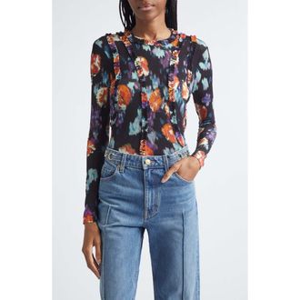 Ulla Johnson Clover Floral Frill Detail Jersey Top in Nocturne at Nordstrom, Size X-Large