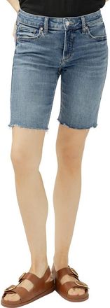 Silver Jeans Co Elyse Curvy Raw Hem Mid Rise Denim Bermuda Shorts in Sunset Blue at Nordstrom, Size 29
