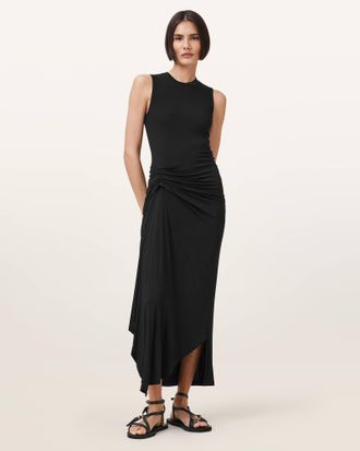 AllSaints Polyester Rivi Draped Midi Dress, Size: UK 8/US 4
