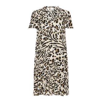 Ichi Jurk met dierenprint en ruche zoom - Dames - Casual kleedjes - Veelkleurig - L - Kleedjes