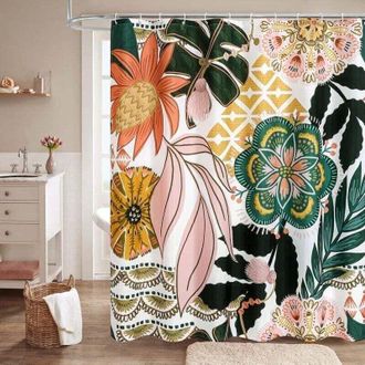 OEM Cortina De Ducha Bohemia Con Estampado Floral Y Ganchos, Cortinas De Ducha Con Estampado De Hojas Tropicales Para Una Decoraci&oacute;n R&uacute;stica Y Vintage Del
