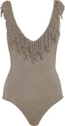 Simona Corsellini Body in maglia con scollo profondo e frangia lurex - Dames - Bodies - Beige - L - Tops