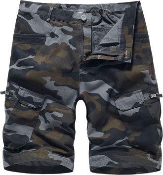 Feoya Mens Camo Cargo Shorts Cotton Elasticated Waist Camouflage Work Shorts Summer Multi Pocket Military Combat Short Casual Outdoor Utility Loose Fit Half